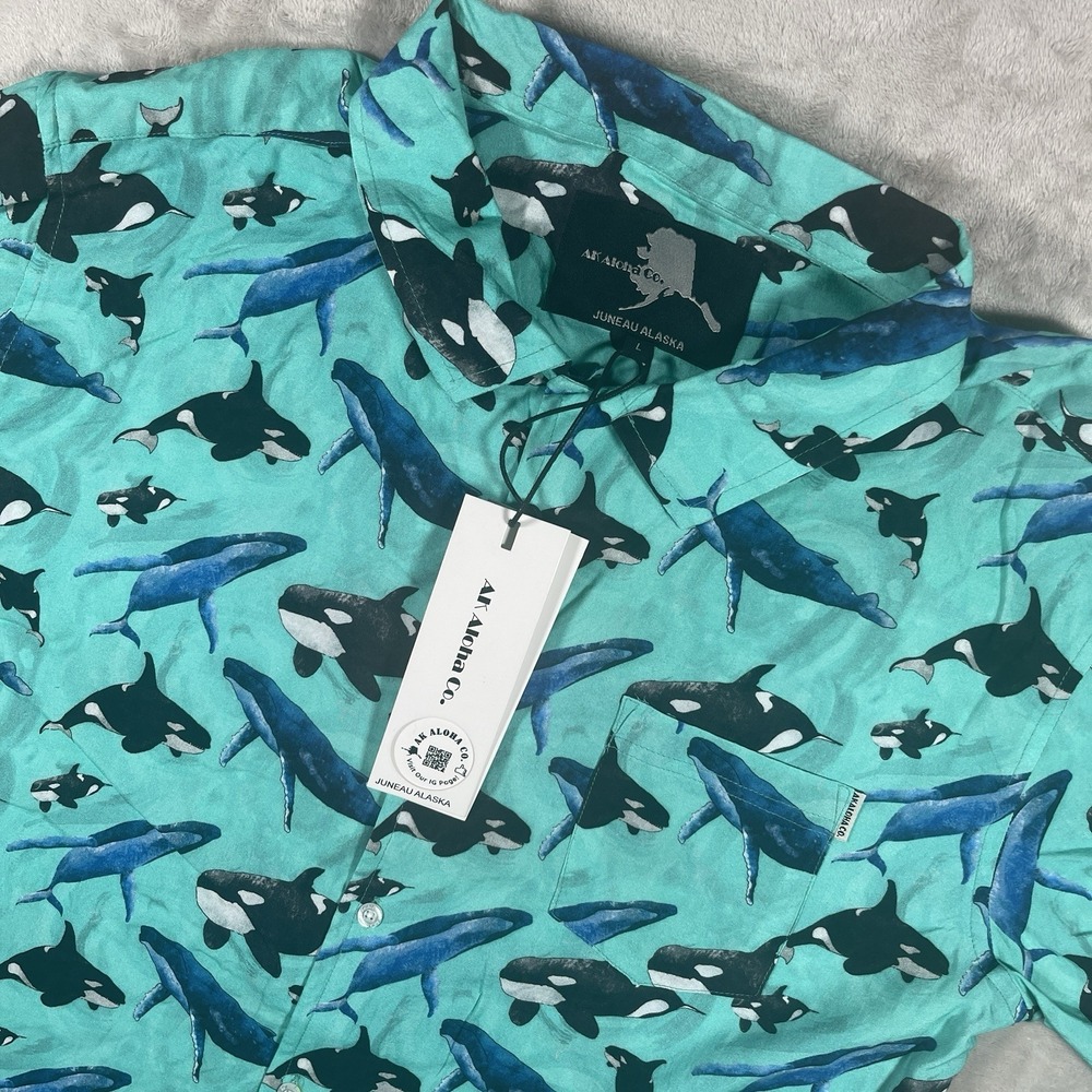 AK Aloha Co Juneau Alaska Mens L Killer Whale AOP Hawaiian Shirt Teal